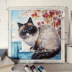 fluffy cat on a fence, hardboard painting