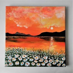 lake sunset painting, daisies painting, sunset landscape acrylic painting, canvas sunset painting, painting impasto