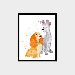 lady and the tramp art print digital files decor nursery room watercolor