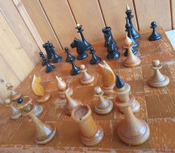 Old Soviet wooden chess set 1960s - post-Mordovian vintage chess USSR