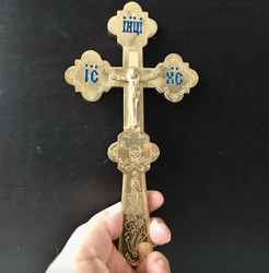 holy table blessing cross - byzantine orthodox priest blessing cross - gold plated,  9"