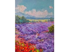 tuscany painting original oil stretched canvas 20/16 inch flower lavender fields tuscany italy wall art