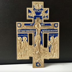 russian old believer medium brass - enamel crucifix cross with mourners ( copy 19th c. cross), made in russia