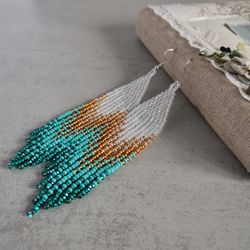 turguoise blue long dangle seed bead earrings gradient ombre fringe chandelier handmade beadwork jewelry gift women