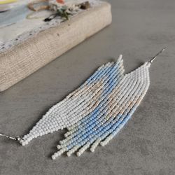 pastel blue white long dangle seed bead earrings gradient ombre fringe chandelier handmade beadwork jewelry gift women