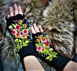 mittens with embroidery, hand knitted embroidered fingerless gloves, flowers gloves,clothing and accessories