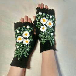 mittens with embroidery, hand knitted embroidered fingerless gloves, flowers gloves,clothing and accessories