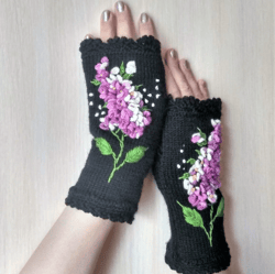 mittens with embroidery, hand knitted embroidered fingerless gloves, flowers gloves,clothing and accessories