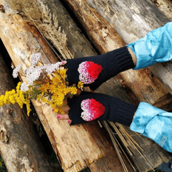 mittens with embroidery, hand knitted embroidered fingerless gloves, flowers gloves,clothing and accessories