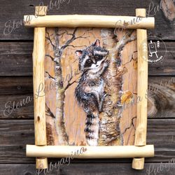 raccoon on a tree, painting on birchbark