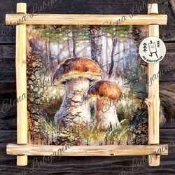 mushrooms painting on birchbark, penny bun mushrooms