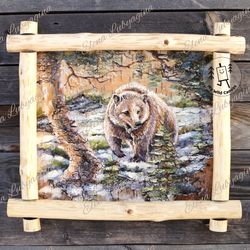 bear in the woods painting on birchbark