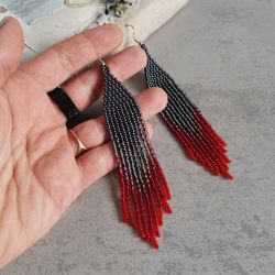 gunmetal long dangle seed bead earrings gradient ombre sparkle fringe chandelier handmade beadwork jewelry gift women