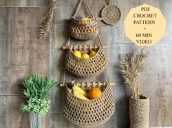 pdf pattern crochet basket easy crochet pattern hanging fruit basket crochet tutorial kitchen storage wall decor gift