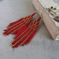 red and gold long fringe seed bead earrings dangle boho earrings chandelier handmade beadwork jewelry gift women