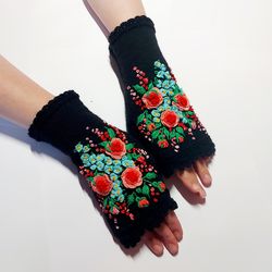 Mittens with embroidery, Hand Knitted embroidered Fingerless Gloves, flowers gloves,Clothing And Accessories