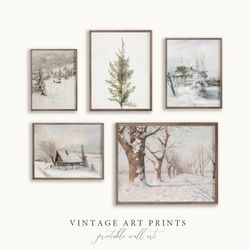 winter print set | neutral vintage winter painting | rustic winter oil painting | vintage landscape wall art decor |  1