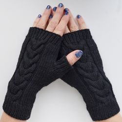 black wool cable finger less gloves for women, handmade, hand knitted, wool arm warmers