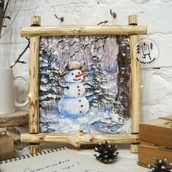 happy snowman, painting on birchbark