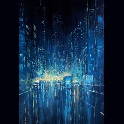 cyberpunk painting "tron city" original oil painting on canvas, modern city original art by "walperion paintings"