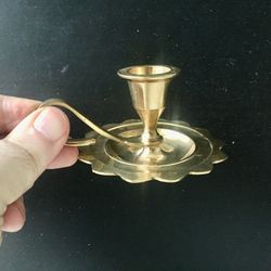 brass chamber candlestick with finger loop. | brass candleholder with finger holder for taper candle.