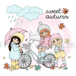 autumn children rain girls season vector illustration set