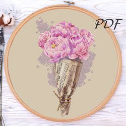 cross stitch pattern peonies in music paper - cross stitch pattern design for embroidery pdf