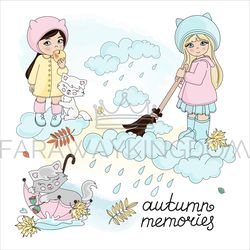 autumn memories fall season children vector illustration set