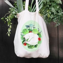 white cat cotton tote bag eco bag market bag cat lover gift