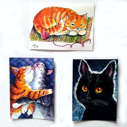 cat painting aceo animal original art set three watercolor pet small art card two cats by paintingsdollsbyzoe