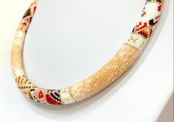 bead crochet necklace - beige geometric seed bead necklace