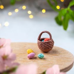 easter basket with eggs, crochet miniature easter egg basket, handcrafted easter miniature, dollhouse fairy garden acces