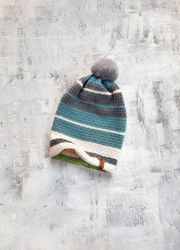 winter hat 2 sides 3 pom poms own design mint grass natural pom poms