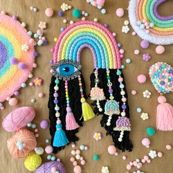 pastel room decor, macrame rainbow with cute mushrooms and evil eye, unique halloween gift