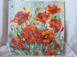 red poppy oil painting red poppy impasto art red pippy on canvas red poppy oil art red poppy artwork red pippy 12x12" fl