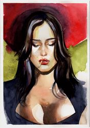 original watercolor painting red hat beautiful woman portrait wall art female painting monica bellucci portrait