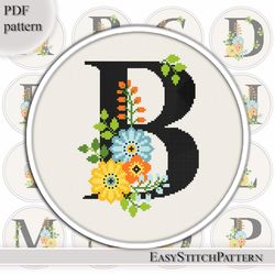 Floral Letter B Initial cross stitch pattern Monogram cross stitch Flowers Home Decor