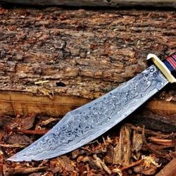 aladdin knife stag crown handle spartan knife, damascus steel blade