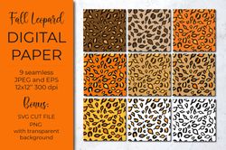 autumn leopard digital paper. fall leaves leopard print svg