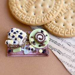 miniature doll chocolate roll on a tray for playing with dolls, dollhouse, scale 1:12, miniature pastries