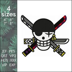 one piece embroidery design, roronoa zoro roger jolly anime logo, 4 sizes