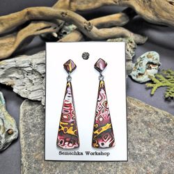 polymer clay long maroon mokume gane earrings