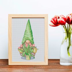 gnome with tulips, cross stitch pattern, gnome cross stitch, spring cross stitch, modern cross stitch,  cross stitch pdf