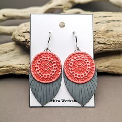 handmade polymer clay leather coral gray earrings