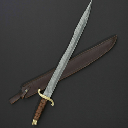 modern combat sword hand forged damascus steel leather sheath