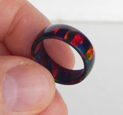 black ring. very beautiful opal ring. solid opal ring. synthetic opal ring. solid opal band.