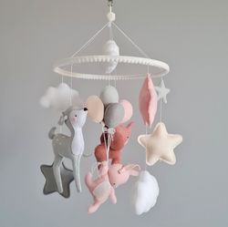 baby girl mobile, nursery decor, deep bunny elephant felt hanging mobile, pink crib mobile