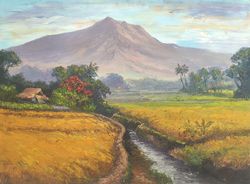 mountain landscape painting, rice fields art, oil wall art