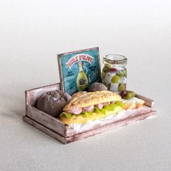 miniature doll set in italian style, cheese, sandwich, olives for playing in a dollhouse, scale 1:12, polymer plastic