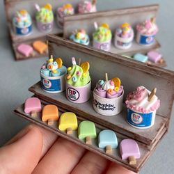 miniature doll set with assorted ice cream in cups and on a stick for playing in a dollhouse, scale 1:12, polymer plasti